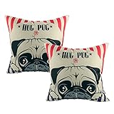 Luxbon Set of 2Pcs Lovely Hug Pug Dog Cotton Linen Sofa Couch Seat Throw Pillow Cover Set Home Decor Puppy Animal Chair Cushion Cases 18 x 18/45X45cm