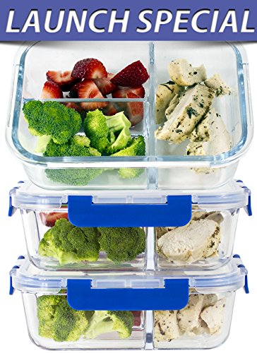 [LIFETIME LIDS] LARGE Premium 3 Sets 3 Compartment Glass Meal Prep Containers 3 Compartment with Snap Locking Lids, BPA-Free, Microwave, Oven, Freezer, Dishwasher Safe (4.5 Cup, 36 Oz, Rectangle)