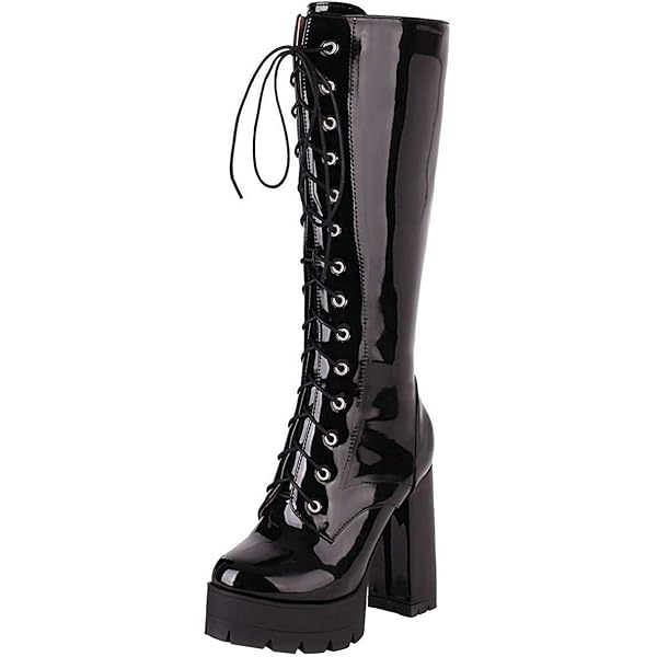 Amazon.com | ClassicSter Womens Patent Lace Up Chunky Knee