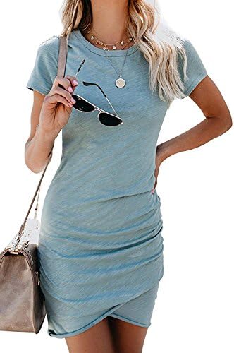 Gyozelem Women Dresses Summer Casual Ruched Short Sleeve Asymmetrical Bodycon Mini Dress