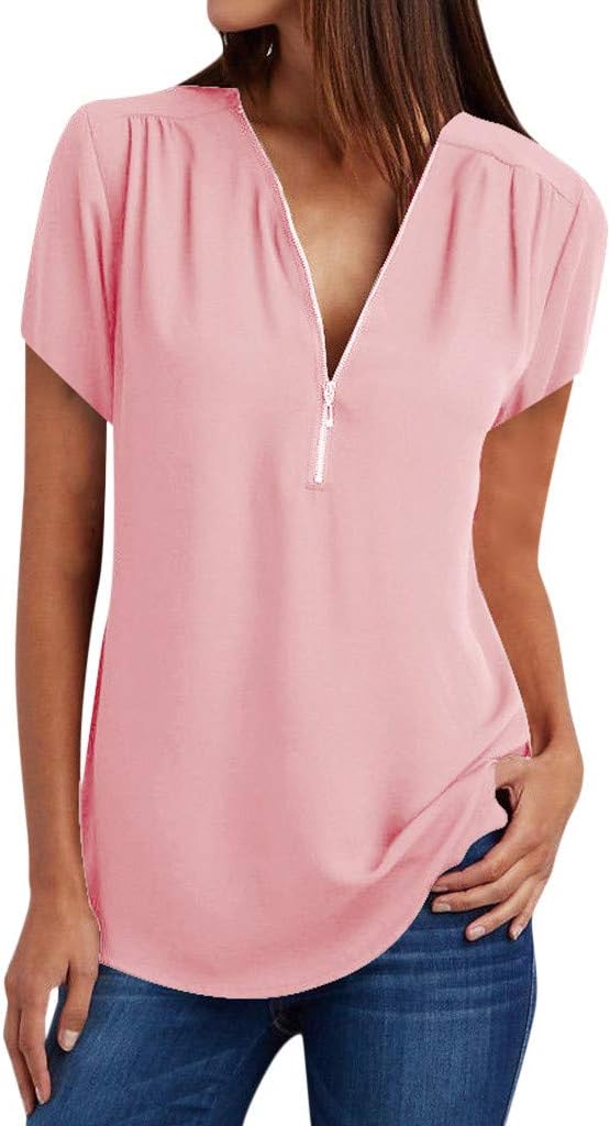 Seaintheson Womens Short Sleeve Tops,Casual Deep V Neck Chiffon Solid T-Shirt 3/4 Roll Sleeve Zipper Tunic Shirt Blouses