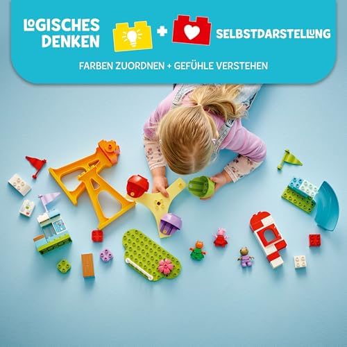 DUPLO Peppa Wutz Jahrmarkt - Montessori Spielzeug - Motorikspielzeug für Kinder ab 2 Jahren - Vorschule Spiele mit Riesenrad, Rutsche & 3 Figuren inkl. Mollie Mieze & Klausi Kläff 10453