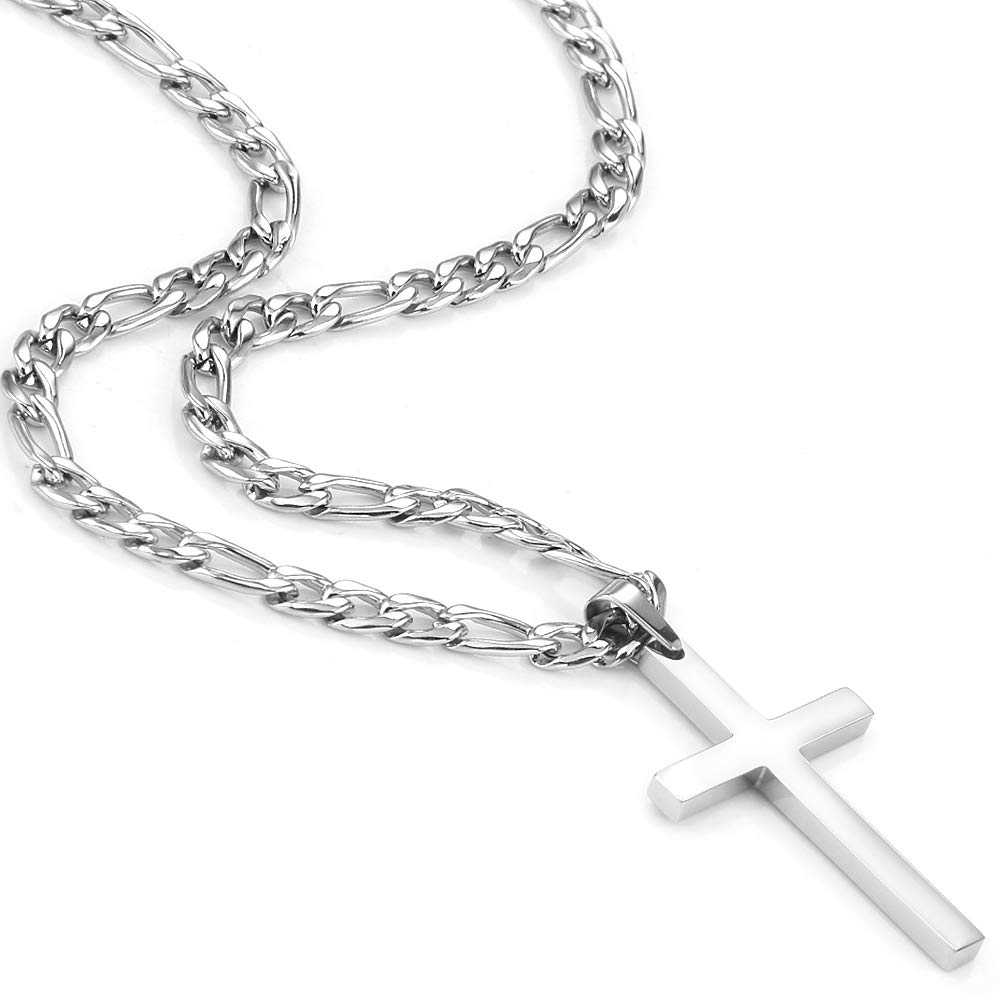 OUMI Cross Necklace for Men Women- Stainless Steel Pendant with 3:1 Figaro Chain -Silver 4/5/6 mm Width（Silver）…