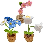 JOONOR 3PCS Mini Crochet Flower Potted Plant,Knitted Forget Me Not Plum Blossom Fake Flower for Bathroom Home Kitchen Rustic Table Centerpiece Shelf Decor