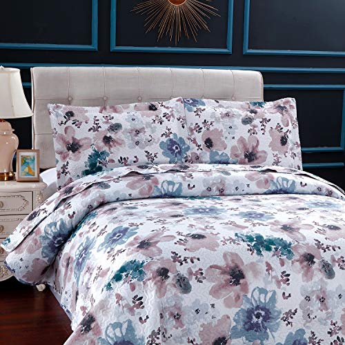 Pink Blue Floral Quilt Set Full/Queen Size Flower Bedding Set Lightweight Summer Bedspread Coverlet with Sham for Kids Teens Adults (1 Quilt+2 Pillow Sham)