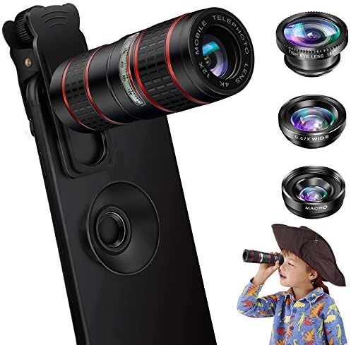 Phone Camera Lens, OYRGCIK 5 in 1 Cell Phone Lens Kit 12X Zoom Telephoto Lens with telescope + Fisheye Lens + Super Wide Angle Lens+ Macro Lens for iPhone X XS Max XS XR 8 7 6 6S Plus Samsung Andriod