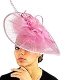 C.C Cocktail Fashion Sinamay Fascinator Hat Feather & Flower Design S102450, Pink