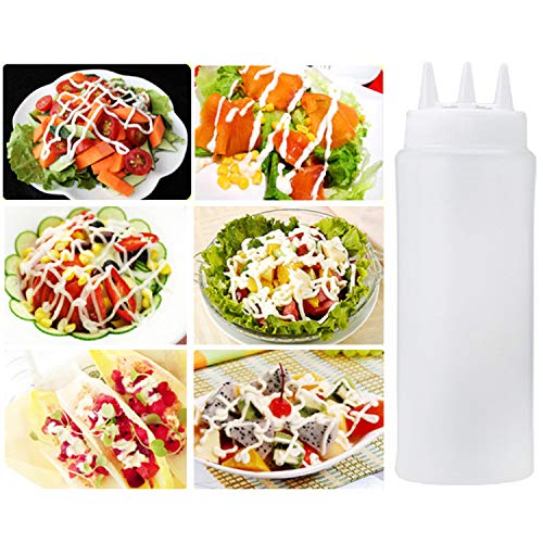 Gosear 4PCS 12OZ/340ml 3-Hole Plastic Squeeze Condiment Bottles for Sauce Oil Vinegar Ketchup Mustard Salad Dressing Kitchen Accessorie