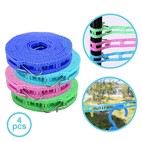 Windproof Clothesline | Set of 4 5m Portable Nylon Clothes Hanger Rope with Durable Stainless Steel Hook | Anti Slip Rust-Resistant Laundry Drip Drier for Home Travel Camping | Color May Vary | 1298.2