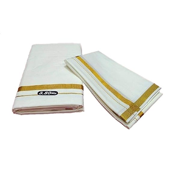 Men's Cotton Cool Gold Zari Border Dhoti 3.80 Mts Angavastram 2.00 Mts set (152Inch X 385CM Dhoti, 68Inch X178CM Towel) Free Size Colour:Cream