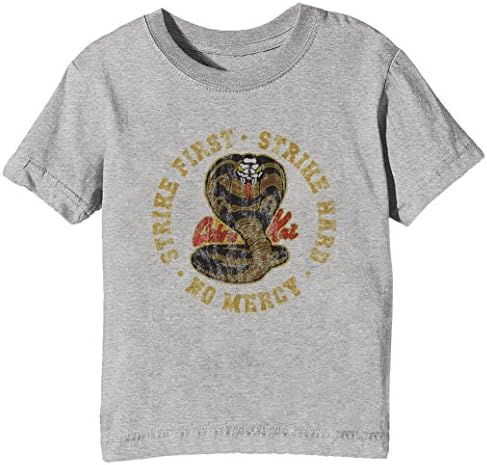 Cobra Kai - Strike First - Strike Hard - No Mercy - HD Distressed Variant 3 Kids Unisex Boys Girls T-Shirt Grey Tee Crew Neck Short Sleeves