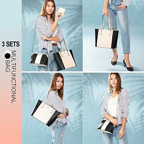 LOVEVOOK Damen Handtasche Schultertaschen 3 Stück Set Henkeltaschen Große Tasche Umhängetasche Taschen Gross Handtaschen Leder BeuteltascheGeschenk für Mutter Freundin Freund Liebhaber, Schwarz Beige