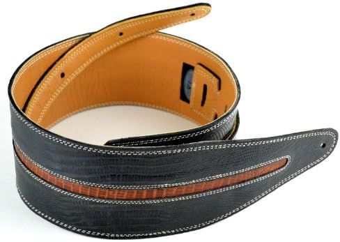 Pete Schmidt Handcrafted Leather Guitar/Bass Strap - Thin Line: Black Iguana / Brown Iguana (Wide - 3 1/2")