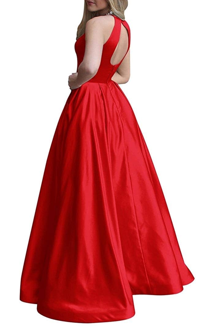 Womens Elegant Halter Satin Prom Dress 