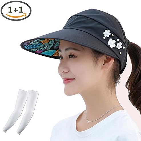 Kukcone Women's UV Protection Large Brim Adjustable Sun Hat Summer Outdoor Travel Beach Visor Cap (Flower- Black)