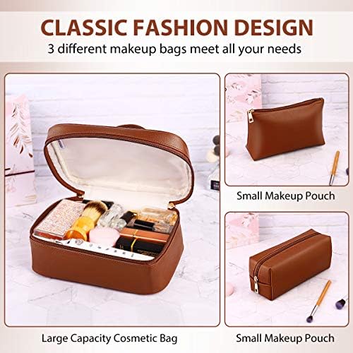 Makeup Bags ,Cosmetic Bag 3 Packs Travel Makeup Bag for Women Portable Makeup Bag Organizer Waterproof and Durable Makeup Bag for Purse with Gold Zipper PU Lather Brown 5 Makeup Bags ,Cosmetic Bag 3 Packs Travel Makeup Bag for Women Portable Makeup Bag Organizer Waterproof and Durable Makeup Bag for Purse with Gold Zipper PU Lather Brown