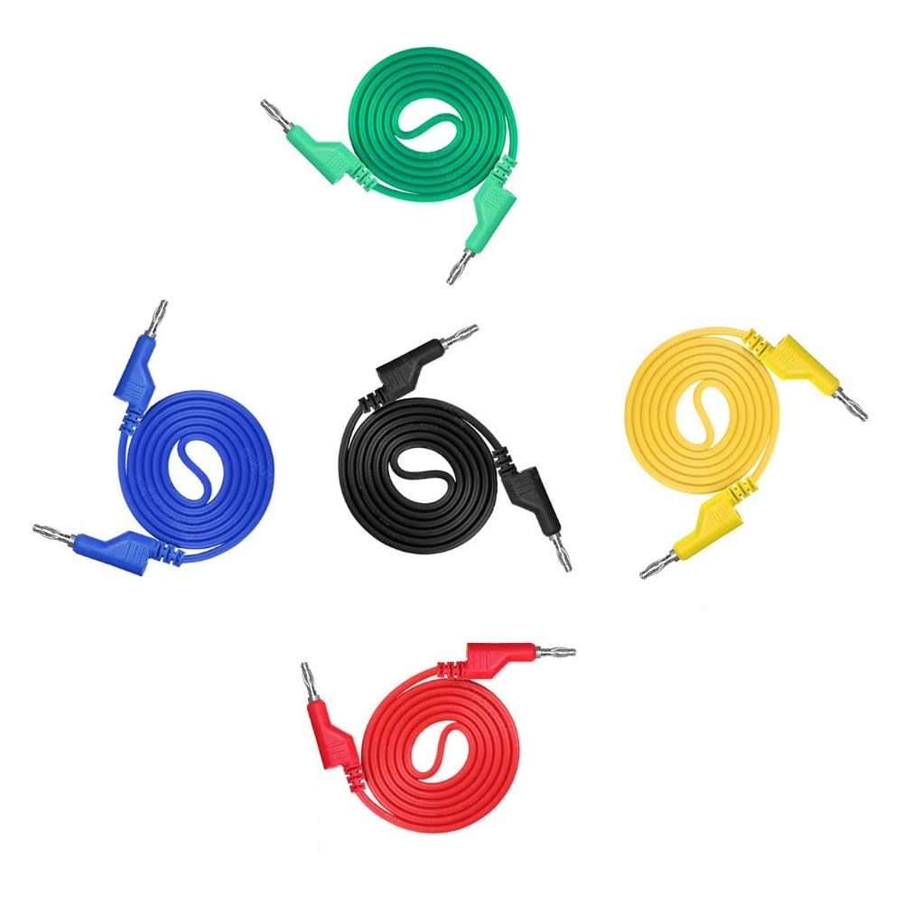 Aofan 5Pcs 4mm Silicone Test Leads with Double-ended Banana Plugs - 14AWG 1000V/15A Flexible Multimeter Cables for Electronics, DIY Projects (1M, 5 Colors)