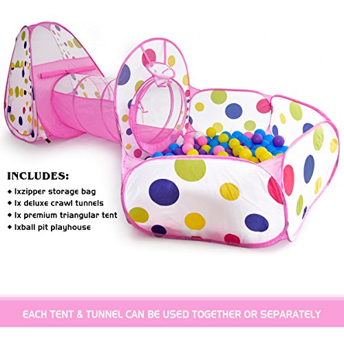 OUTREE 3Pc Pop Up Children Play Tent with 1Crawl Tunnel & 2 Tents - Kids Tents for Boys, Girls, Babies & Toddlers for Indoor & Outdoor, Pink