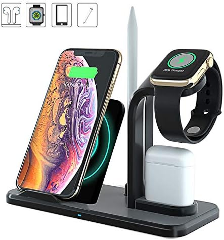 Wireless Charger, Upgrade 4 in 1 Wireless Charger Stand for All QI Phones and Airpods - 10W Qi Fast Wireless Charging Station Compatible with Apple Watch Series and AirPods - Black