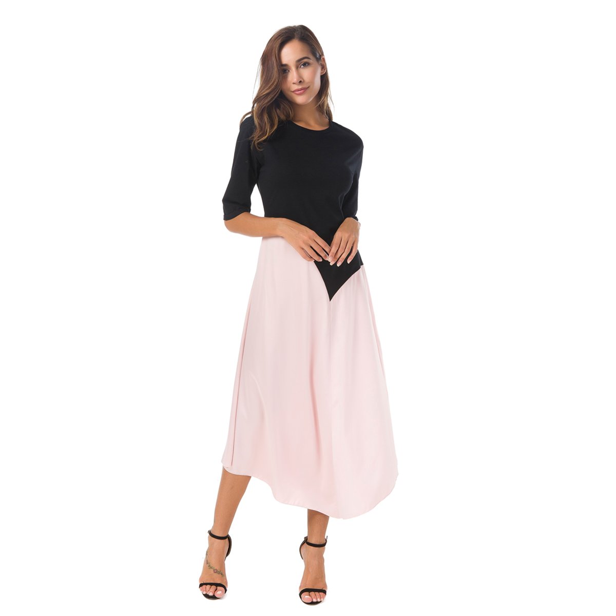 Zumine Women\'s Color Block Maxi Dress Half Sleeve Vintage Midi Dress (L, Pink)