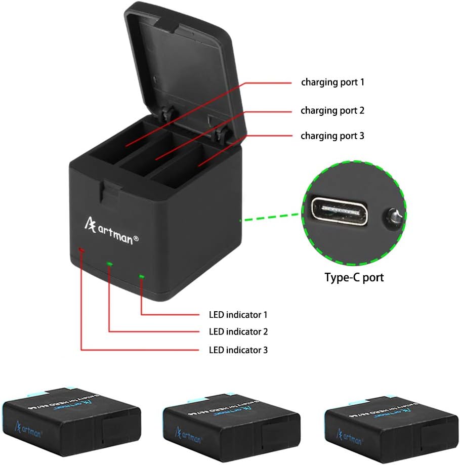 Artman Hero 8/7/6 1500mAh Replacement Batteries(3-Pack) and 3-Channel LED USB Storage Charger Compatible with GoPro Hero 8 Black,GoPro Hero 7 Black,Hero 6 Black(Fully Compatible with Original): Home Audio & Theater