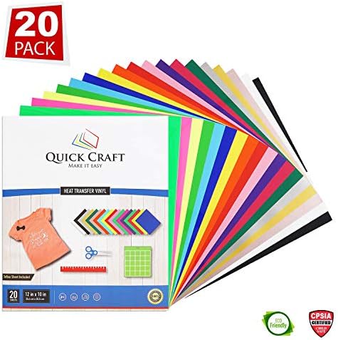 HTV Heat Transfer Vinyl Bundle: 20 Pack Assorted Colors 12"x10" Sheets, Iron On Vinyl for Cricut and Silhouette Cameo, Bonus Teflon Sheet.