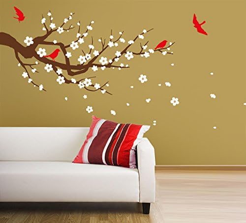 Designer Playground Cherry Blossom Branch With Birds Vinyl Wall Decal ( 47 X 23 Inches) D1013 - White Flowers, Red Birds