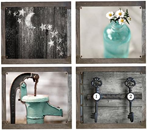 Rustic Bath 4 Metal Print Set with Barnwood Frames- 12"X12", Country Decor, Primative, Rustic Bath, Farmhouse, Teal, Aqua