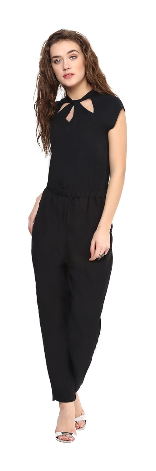 uptownie lite women's crepe neck cut out jumpsuit (black)