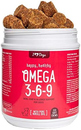 iHeartDogs Omega 3-6-9 for Dogs – Skin and Coat Fish Oil Supplement for Dogs with Pure Antarctic Krill Oil – Allergy & Itchy Skin Relief Chews