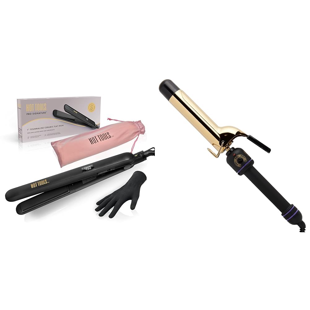 HOT TOOLS Pro Signature Ceramic + Tourmaline Flat Iron for Sleek Results, 1 Inch Plates & Pro Signature Gold Curling Iron | Long-Lasting, Defined Curls, (1-1/4 in)