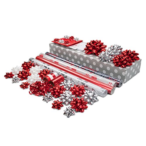Red + Silver Designer Wrapping Paper Set: 4 Rolls (6 Designs) of Premium Gift Wrap (75 sq. ft.) with 30 Coordinated Bows, 5 Ribbons, and 24 Gift Tags with Bonus Euro Tote and Tissue Paper - Thumbnail 4