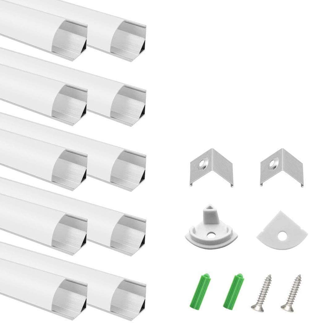 inShareplus 10 Pack, 3.3ft/1 Meter, Silver, LED Aluminum Channel System V Shape with Milk White Cover, End Caps and Mounting Clips, Aluminum Profile for LED Strip Light Installations