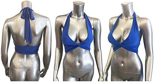 DYWB Women's Twisted Knot Front Bust Wrap Crop Bodycon Back Tie Band Halter Solid Top (Large, Blue)