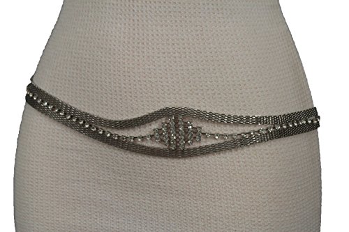 TFJ Women Silver Beads Narrow Fashion Belt Metal Chains Size S M L Silver