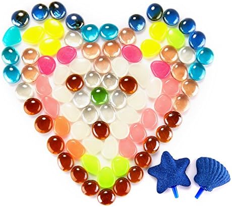 Aquarium Fish Tank 50PCS Glass Gems &amp; 50PCS Glow Pebbles &amp; 2PCS Air Bubble Stone, YIODU 3IN1 Aquarium Blue Star Scallop Shape Air Bubble Stone, Filler Pebbles Gravel for Patio Waterscapes Decoration