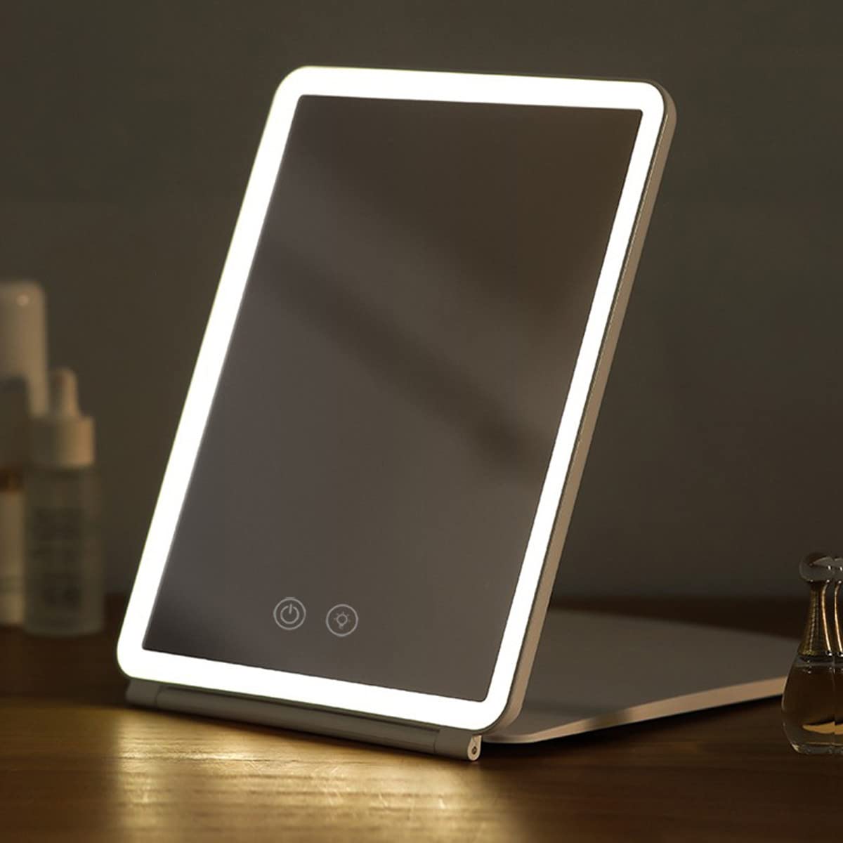 Rechargeable Travel Makeup Vanity Mirror with 80 Leds Lights, 3 Color Modes Portable Light Up Mirror, Dimmable Touch Screen Tabletop LED Folding Illuminated Makeup Mirrors