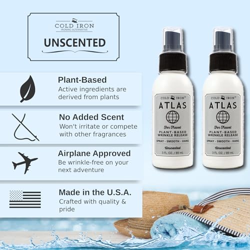 Cold Iron Wrinkle Release Spray for Clothes. Atlas Travel Size 3 fl oz/89 ml. Fragrance Free. Fast, Easy to Use Ironing Alternative. Spray, Smooth, Hang. Award Winning for People on The Go