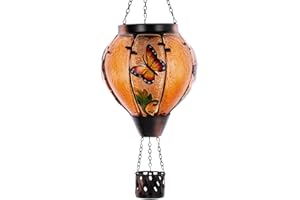 Starsoul Butterfly Hot Air Balloon Solar Lantern with Flickering Flame Light Glass Solar Powered Hot Air Balloon Lamp Waterproof Hanging Outdoor Solar Lantern for Yard Porch Backyard Decor