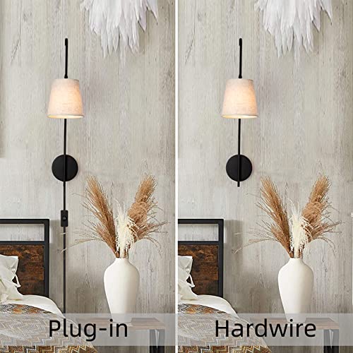 Plug in Wall Sconces Set of Two, Wall Lamps for Bedrooms Set of 2, Black Farmhouse Wall Mounted Lights for Bedside, Living Room, Rustic Sconces Wall Lighting Fixtures with 59inch On/Off Switch Cord