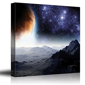 Rocky Mountains with View to The Golden Moon and Starry Sky - Canvas Art Home Art - 12x12 inches