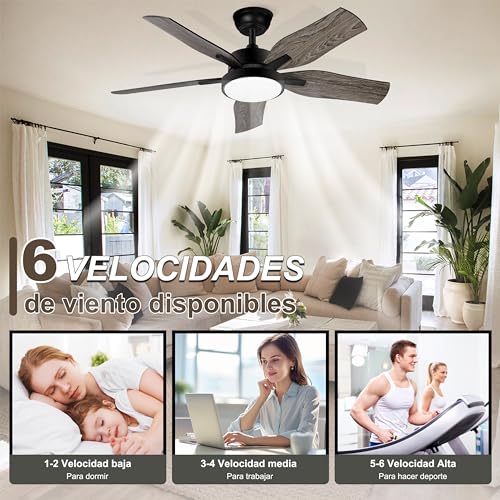 Ohniyou Ventilador de techo de 42 pulgadas con luz y mando a distancia, 6 velocidades, luz LED regulable, motor DC silencioso, ventilador de techo de gran caudal de aire para patio dormitorio cocina