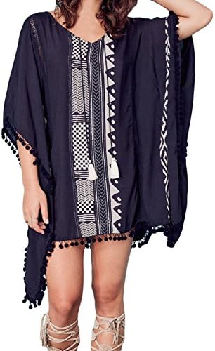 Ytwysj Womens Sexy Slight V Neck Print Pom Pom Trim Tassel Tie Caftan Tunic Swimwear Beachwear Bikini Cover Up Dress