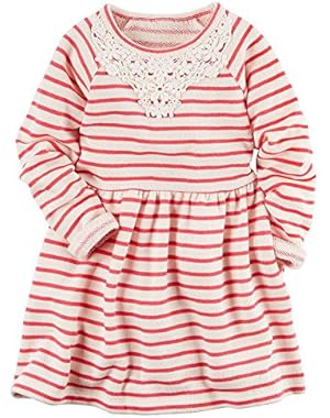 Girl's French Terry Lace Neck Striped Dress; Red & White