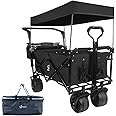 Collapsible Wagon Heavy Duty Folding Wagon Cart with Removable Canopy, 4" Wide Large All Terrain Wheels, Brake, Adjustable Handles,Cooler Bag Utility Carts for Outdoor Garden Beach