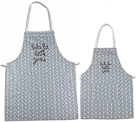 Makimoo Kitchen Bib Apron Set, 2 Pack Adjustable Cotton Linen Chef Cooking Aprons with Pockets For Mom and Daughter Girls Kids, Perfect Gift