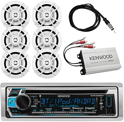Kenwood Marine Outdoor Bluetooth Stereo CD Player USB AM/FM Receiver Bundle with 6 X Kenwood 6.5� Waterproof Speakers, Kenwood Compact 4-Channel Amplifier, Enrock Antenna - Marine Audio Kit