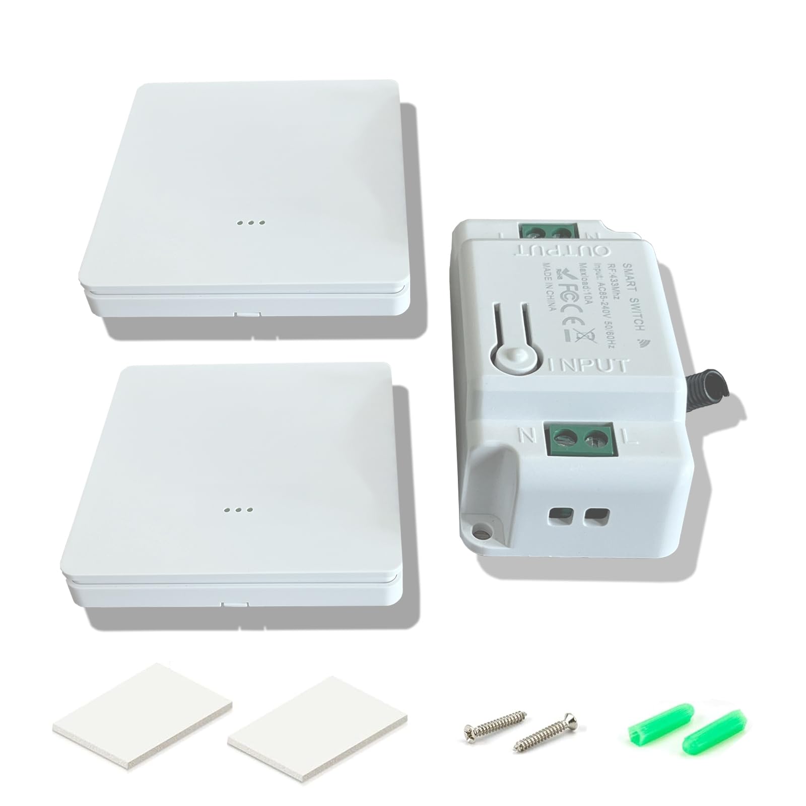 Bkiyougo Wireless Switch Kit, 2-Way Push Button Switch, RF433MHz Remote Control, 2*1Gang Switches 1 Receiver, Automatic with Manual Override