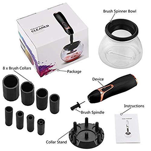 Professional Makeup Brush Cleaner and Dryer, Electric Spinning Make up Brush Machine Tool Portable Cosmetic Clean Device Large Cleaning and Drying Set with the Holder Stand Kit for Dry, White (Black) - Thumbnail 6