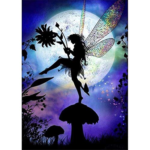DIY 5D Diamond Painting by Number Kits, Fairy and Moon Full Drill Crystal Rhinestone Diamond Embroidery Paintings Pictures Arts Craft for Home Wall Decor 40x30cm